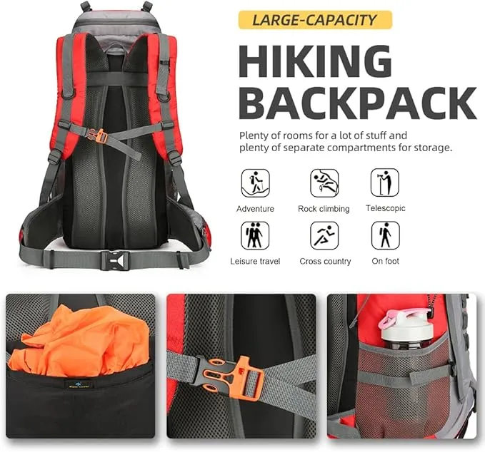 60L Hiking Backpack Lightweight Camping Backpack with Rain Cover Large Waterproof Packable Outdoor Trekking Travel Backpack for Men Women (Red)