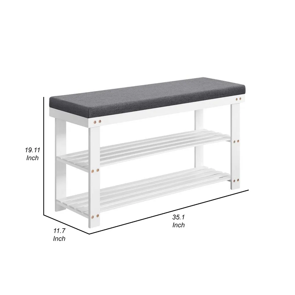 Alo 35 Inch Shoe Rack Bench, Cushioned Seat, 2 Slatted Shelves, White, Gray By Casagear Home