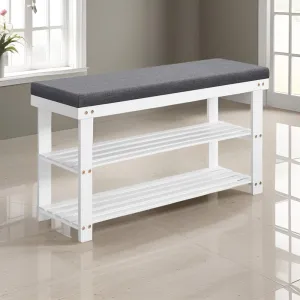 Alo 35 Inch Shoe Rack Bench, Cushioned Seat, 2 Slatted Shelves, White, Gray By Casagear Home