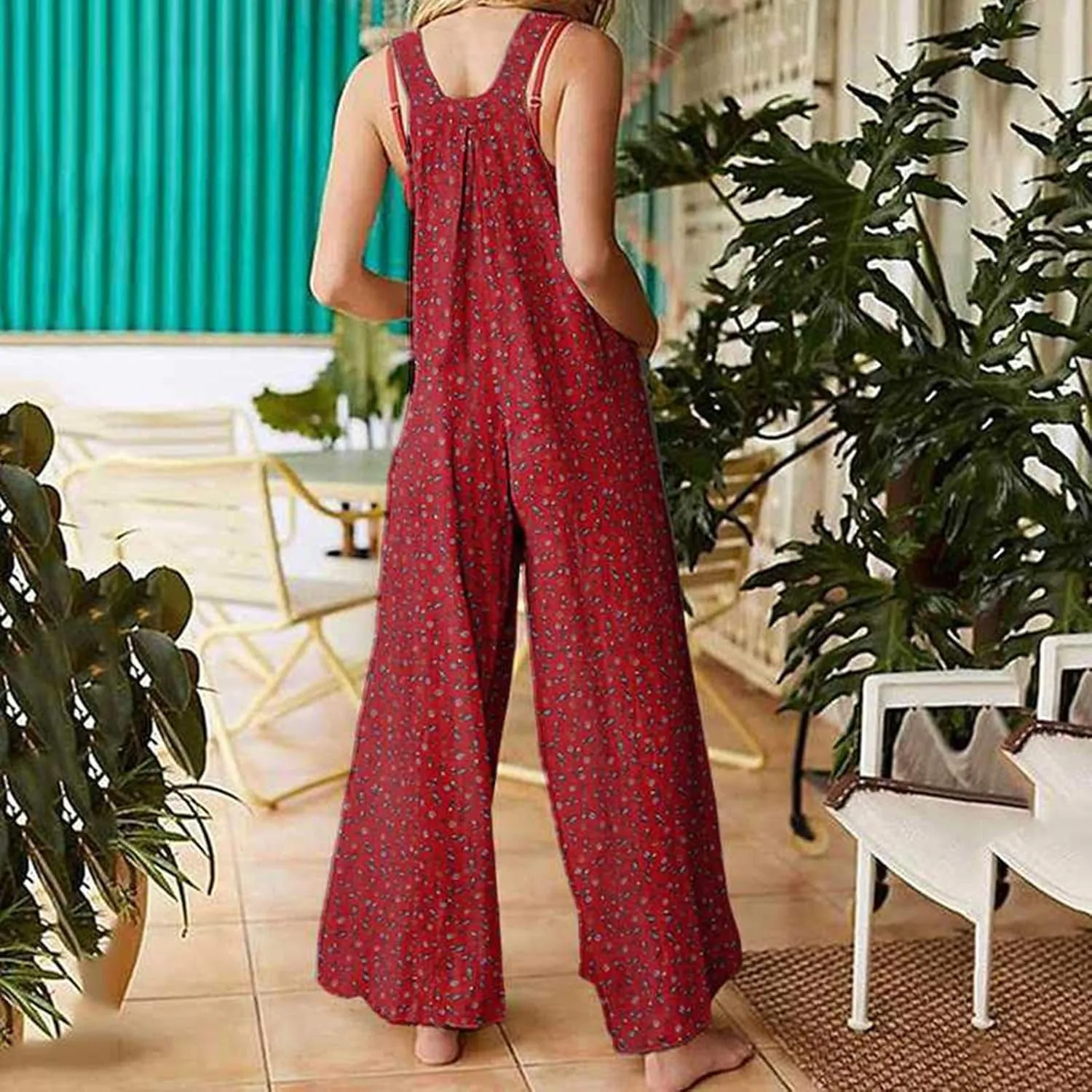 Baggy Overalls for Women, Floral Print Suspender Sleeveless Jumpsuit Wide Leg Bib Pants Rompers Overalls