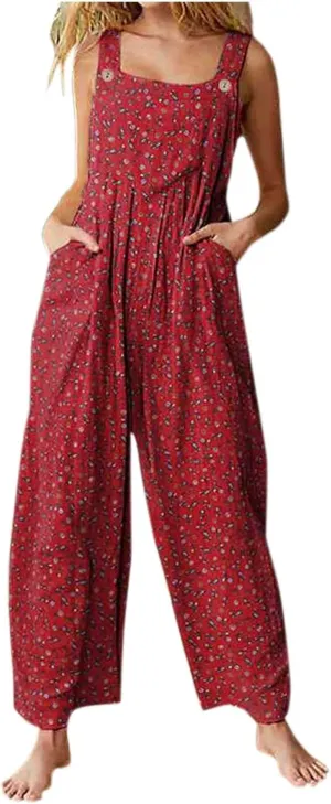 Baggy Overalls for Women, Floral Print Suspender Sleeveless Jumpsuit Wide Leg Bib Pants Rompers Overalls
