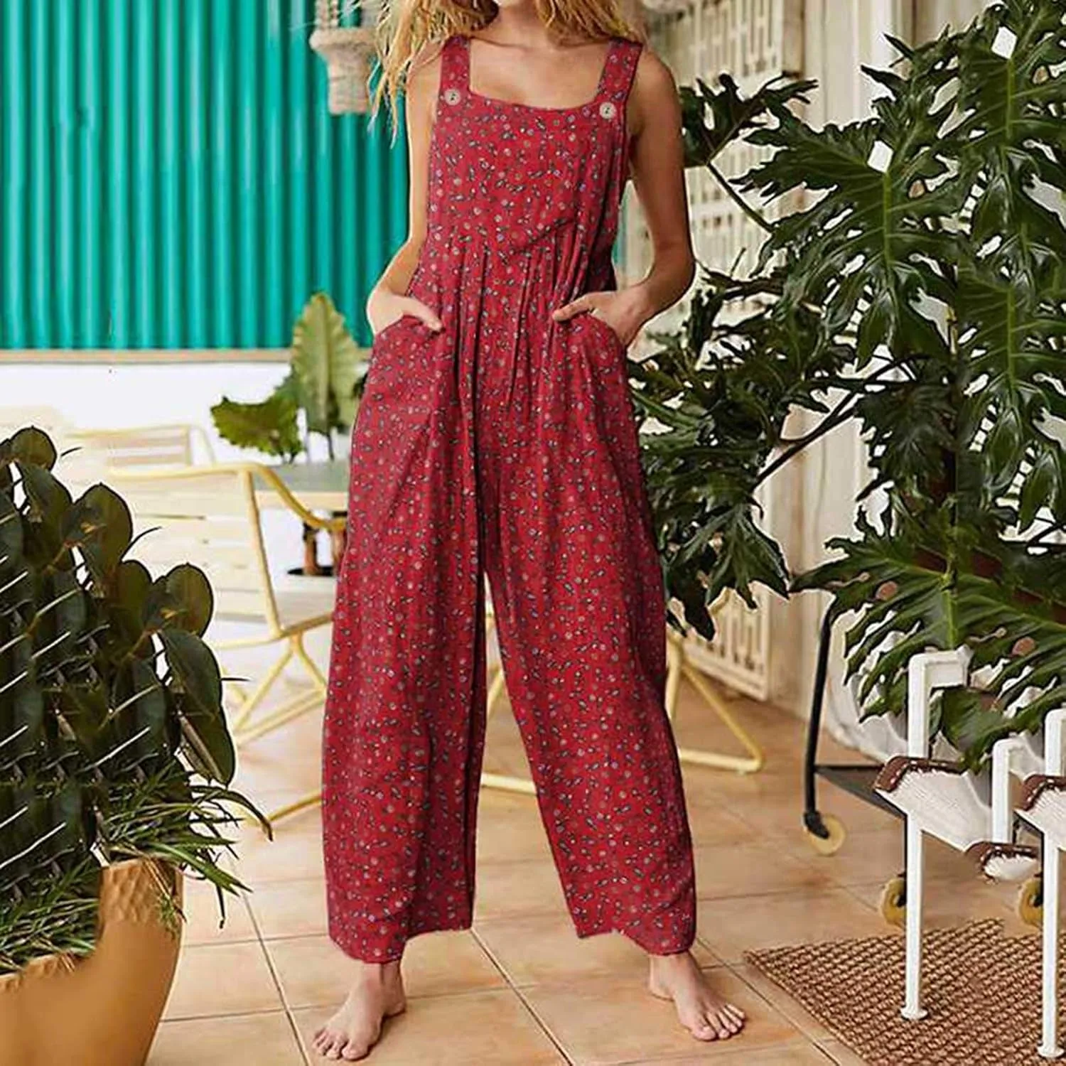 Baggy Overalls for Women, Floral Print Suspender Sleeveless Jumpsuit Wide Leg Bib Pants Rompers Overalls