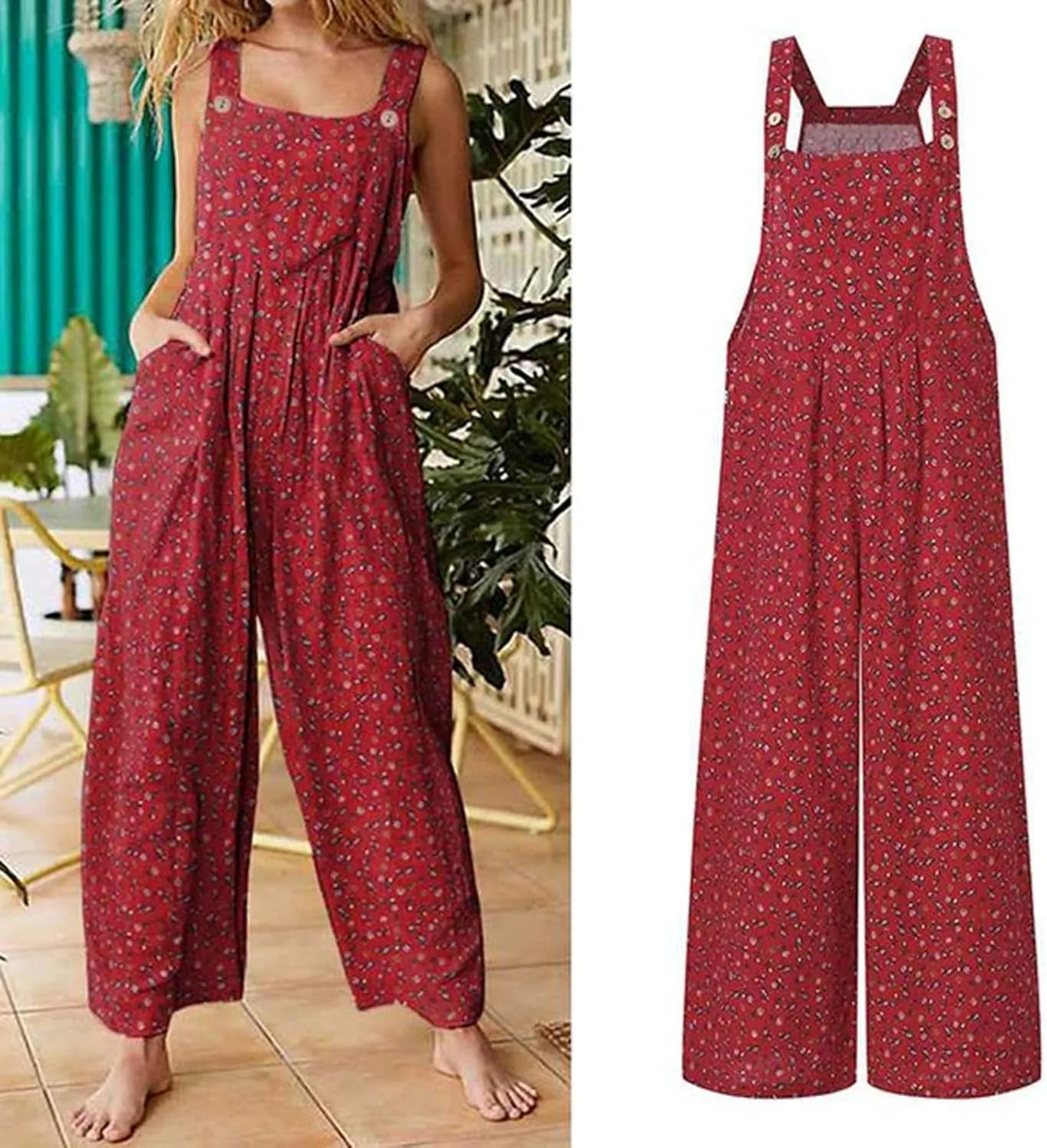 Baggy Overalls for Women, Floral Print Suspender Sleeveless Jumpsuit Wide Leg Bib Pants Rompers Overalls