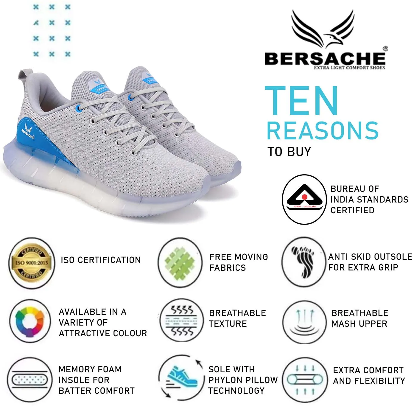 Bersache Lightweight Casual Sneaker Shoes For Men Grey-9022