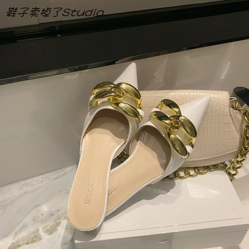 Finn Chain Pointed Toe Mule Big Metal  Women's Flat for Outdoors Soft Bottom Toe Cap Slippers Mules Shoes