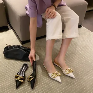 Finn Chain Pointed Toe Mule Big Metal  Women's Flat for Outdoors Soft Bottom Toe Cap Slippers Mules Shoes