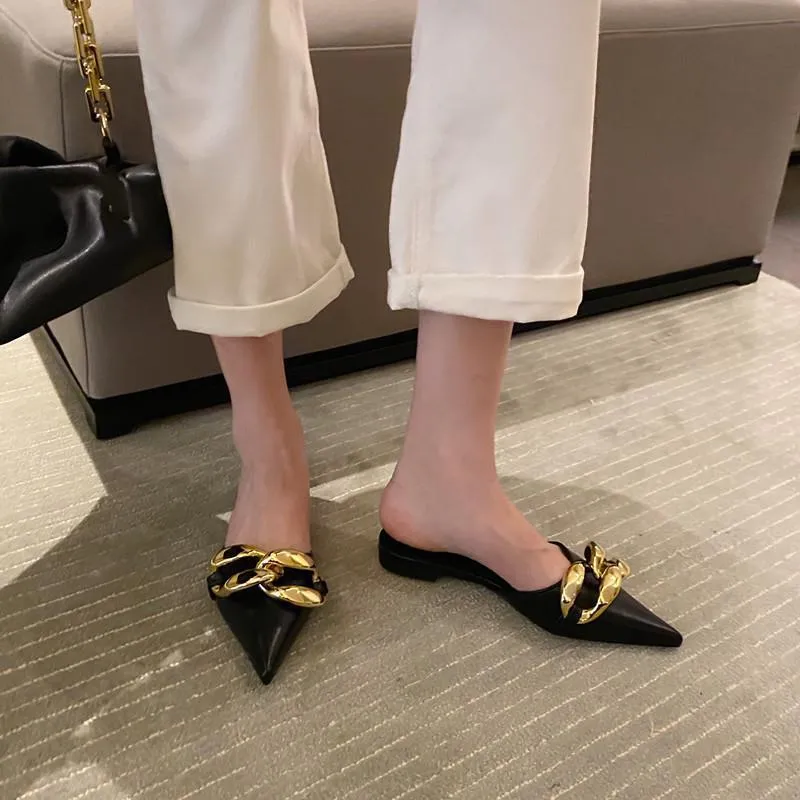 Finn Chain Pointed Toe Mule Big Metal  Women's Flat for Outdoors Soft Bottom Toe Cap Slippers Mules Shoes