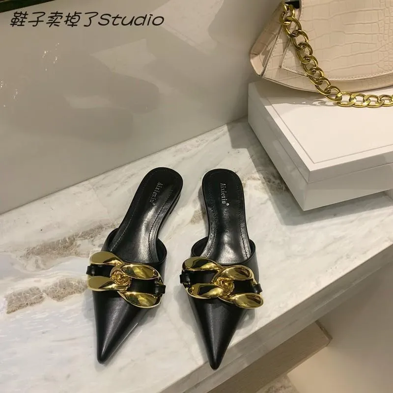 Finn Chain Pointed Toe Mule Big Metal  Women's Flat for Outdoors Soft Bottom Toe Cap Slippers Mules Shoes