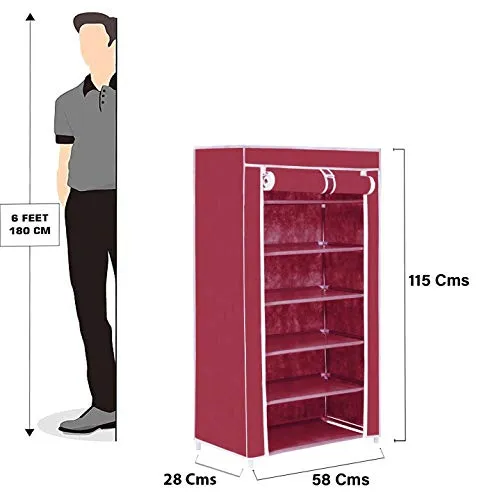 FLIPZON Premium 6-Tiers Shoe Rack/Multipurpose Storage Rack with Dustproof Cover (Iron Pipes, Non Woven Fabric, Plastic Connector) (Maroon)