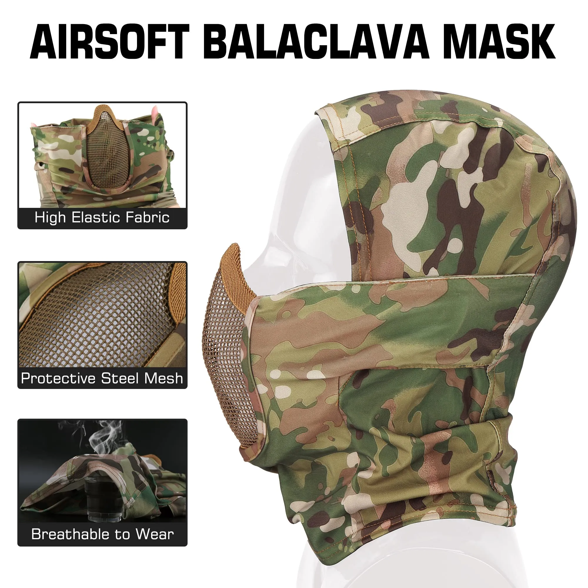 Guayma Airsoft Tactical Fast Helmet with Mesh Mask Headgear, PJ Type Paintbal Helmet with Multifunctional Protective NVG Mount for CS Game Shooting,Tan,Medium