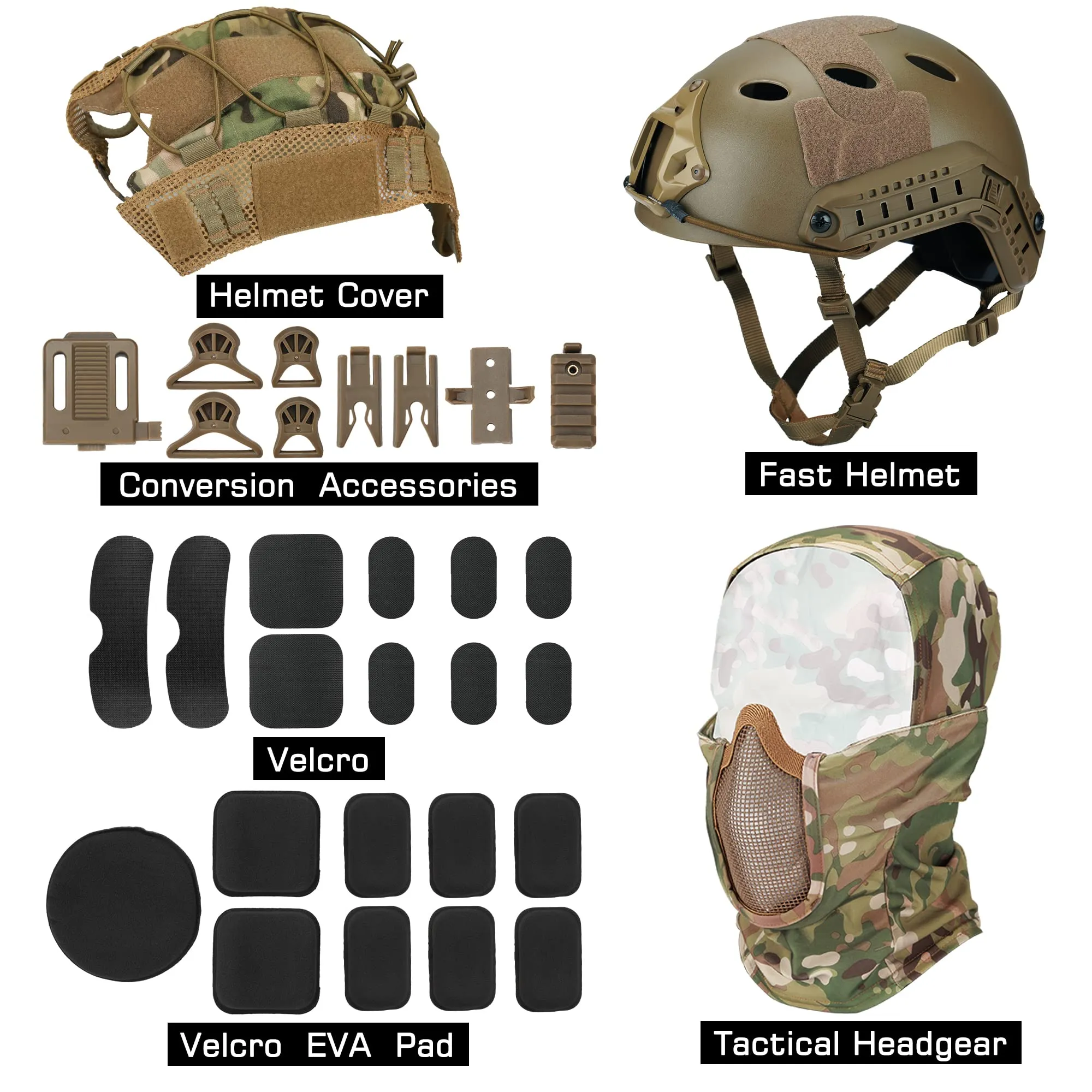 Guayma Airsoft Tactical Fast Helmet with Mesh Mask Headgear, PJ Type Paintbal Helmet with Multifunctional Protective NVG Mount for CS Game Shooting,Tan,Medium