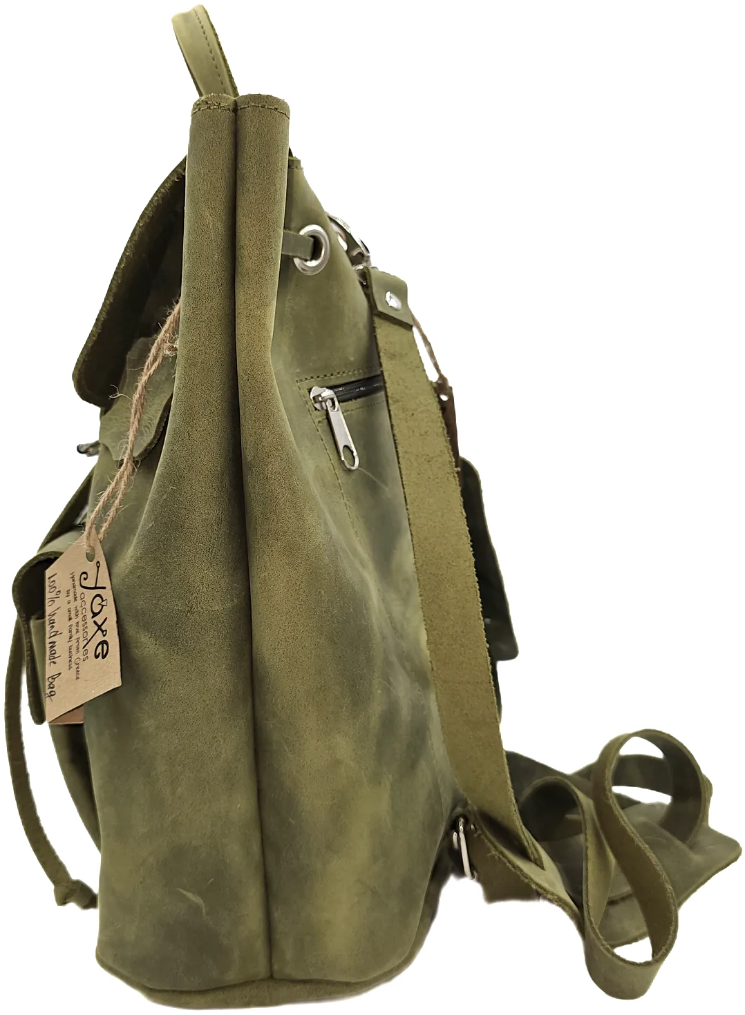 Handmade backpack bag with green leather & front locker pocket