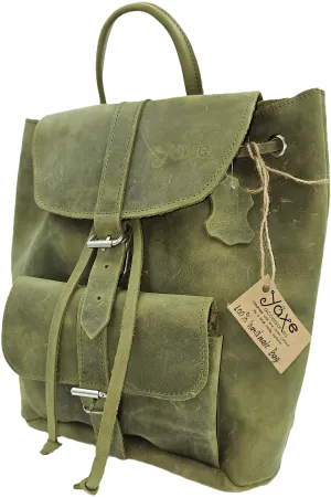 Handmade backpack bag with green leather & front locker pocket