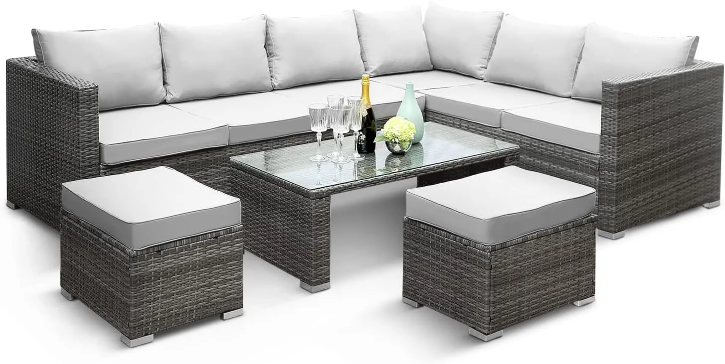 KEPLIN Rattan Garden Furniture Set - 8 Seater, L Shape Corner Outdoor Furniture with Coffe Table, Garden Sofa Set with Water Resistant Cushions & Stools, Ideal for Patio, Lawn & Conservatory