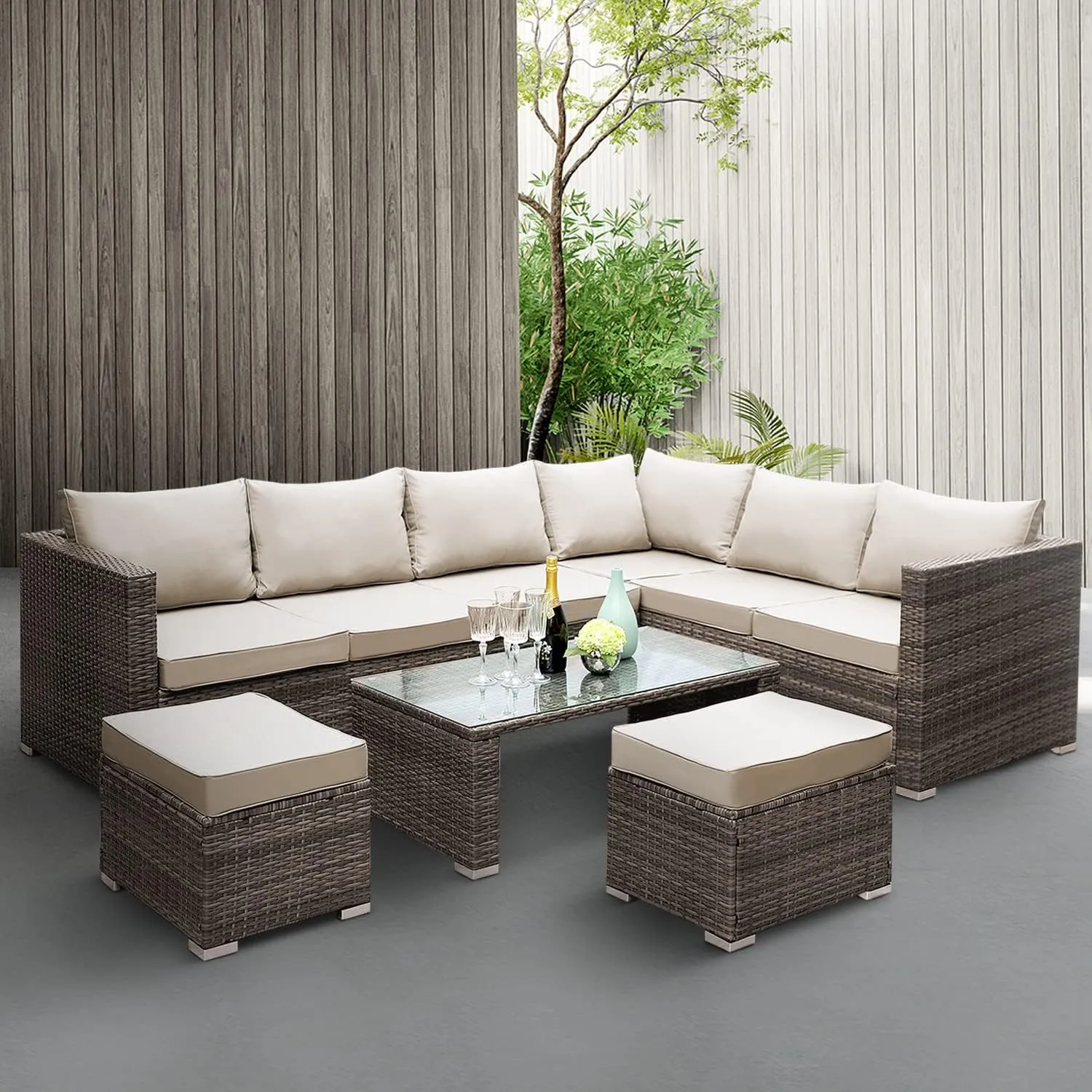 KEPLIN Rattan Garden Furniture Set - 8 Seater, L Shape Corner Outdoor Furniture with Coffe Table, Garden Sofa Set with Water Resistant Cushions & Stools, Ideal for Patio, Lawn & Conservatory