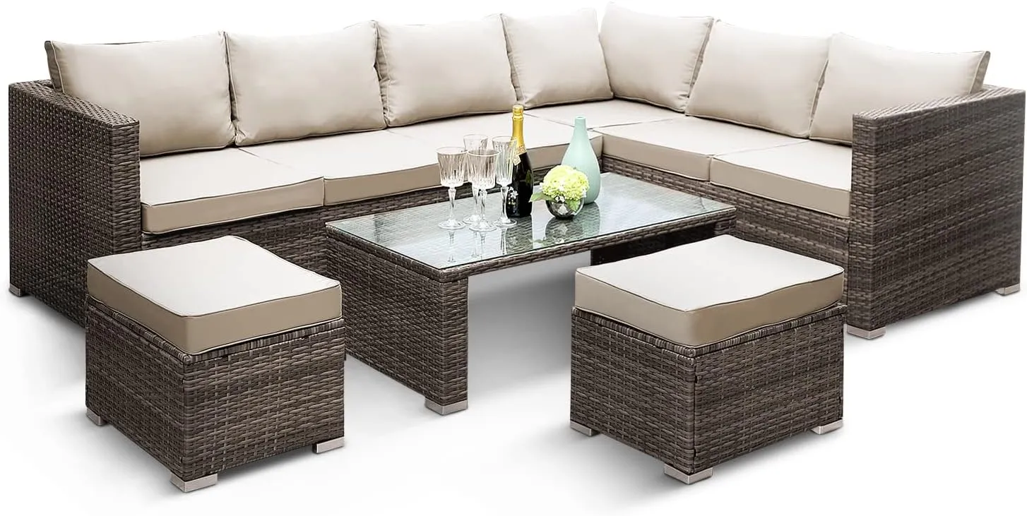 KEPLIN Rattan Garden Furniture Set - 8 Seater, L Shape Corner Outdoor Furniture with Coffe Table, Garden Sofa Set with Water Resistant Cushions & Stools, Ideal for Patio, Lawn & Conservatory