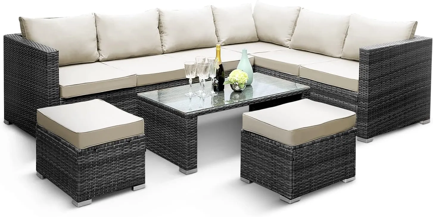 KEPLIN Rattan Garden Furniture Set - 8 Seater, L Shape Corner Outdoor Furniture with Coffe Table, Garden Sofa Set with Water Resistant Cushions & Stools, Ideal for Patio, Lawn & Conservatory