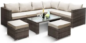 KEPLIN Rattan Garden Furniture Set - 8 Seater, L Shape Corner Outdoor Furniture with Coffe Table, Garden Sofa Set with Water Resistant Cushions & Stools, Ideal for Patio, Lawn & Conservatory
