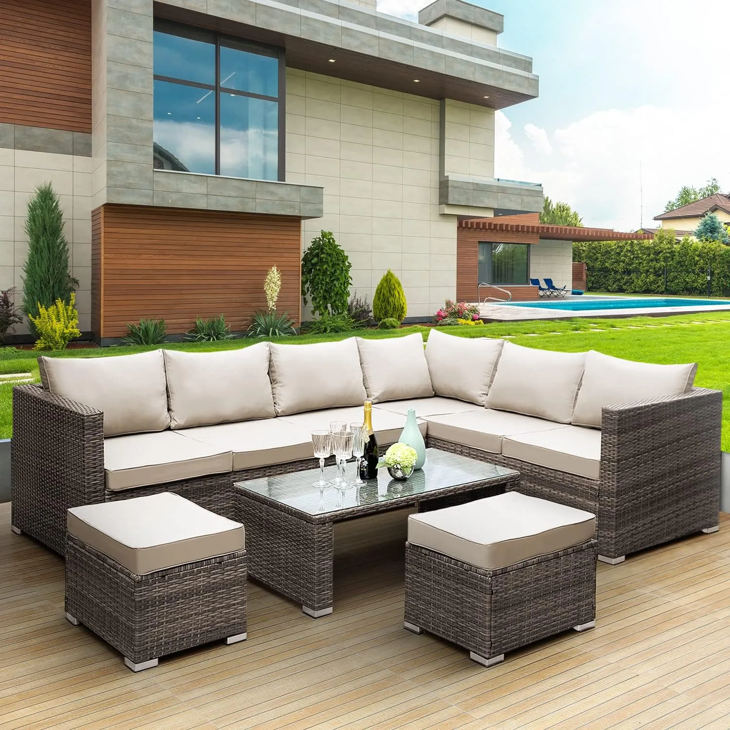 KEPLIN Rattan Garden Furniture Set - 8 Seater, L Shape Corner Outdoor Furniture with Coffe Table, Garden Sofa Set with Water Resistant Cushions & Stools, Ideal for Patio, Lawn & Conservatory