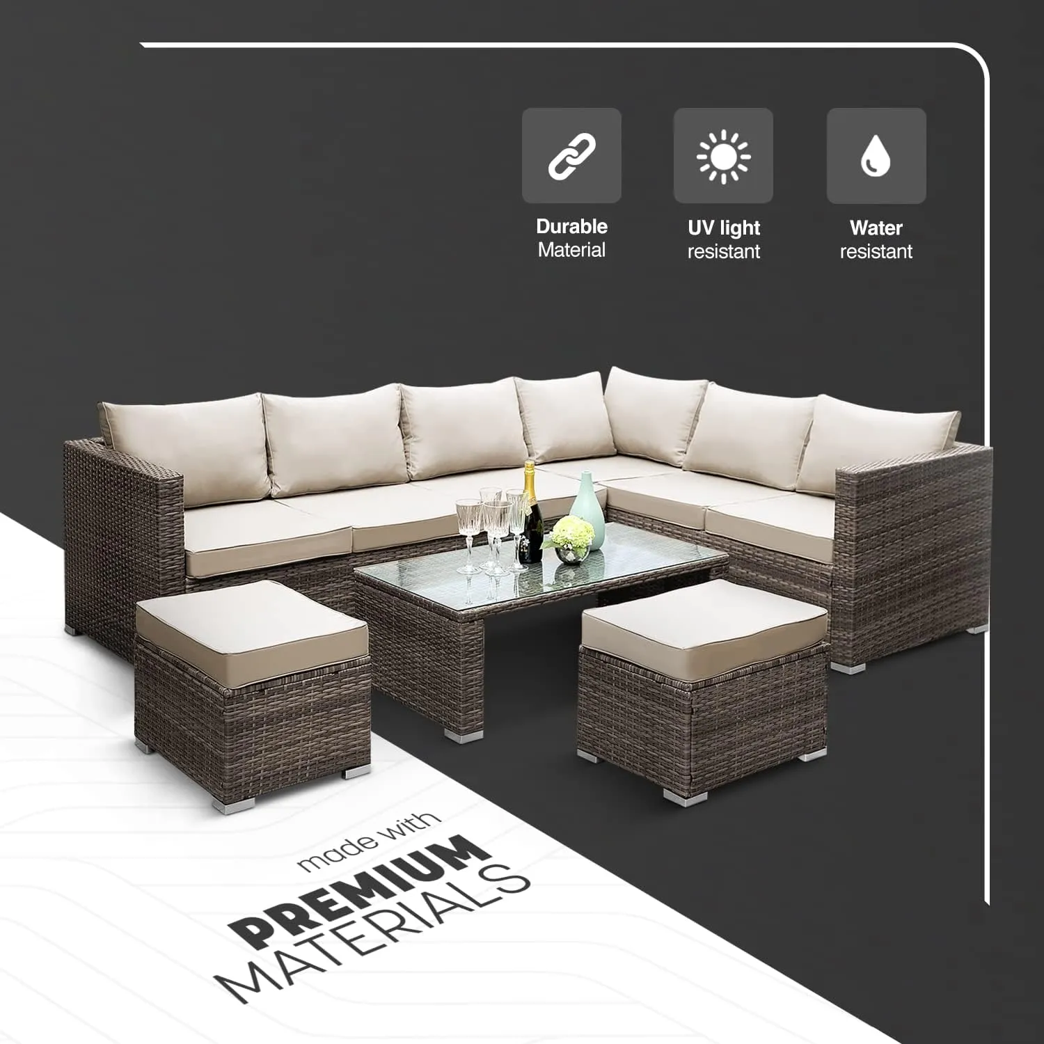 KEPLIN Rattan Garden Furniture Set - 8 Seater, L Shape Corner Outdoor Furniture with Coffe Table, Garden Sofa Set with Water Resistant Cushions & Stools, Ideal for Patio, Lawn & Conservatory