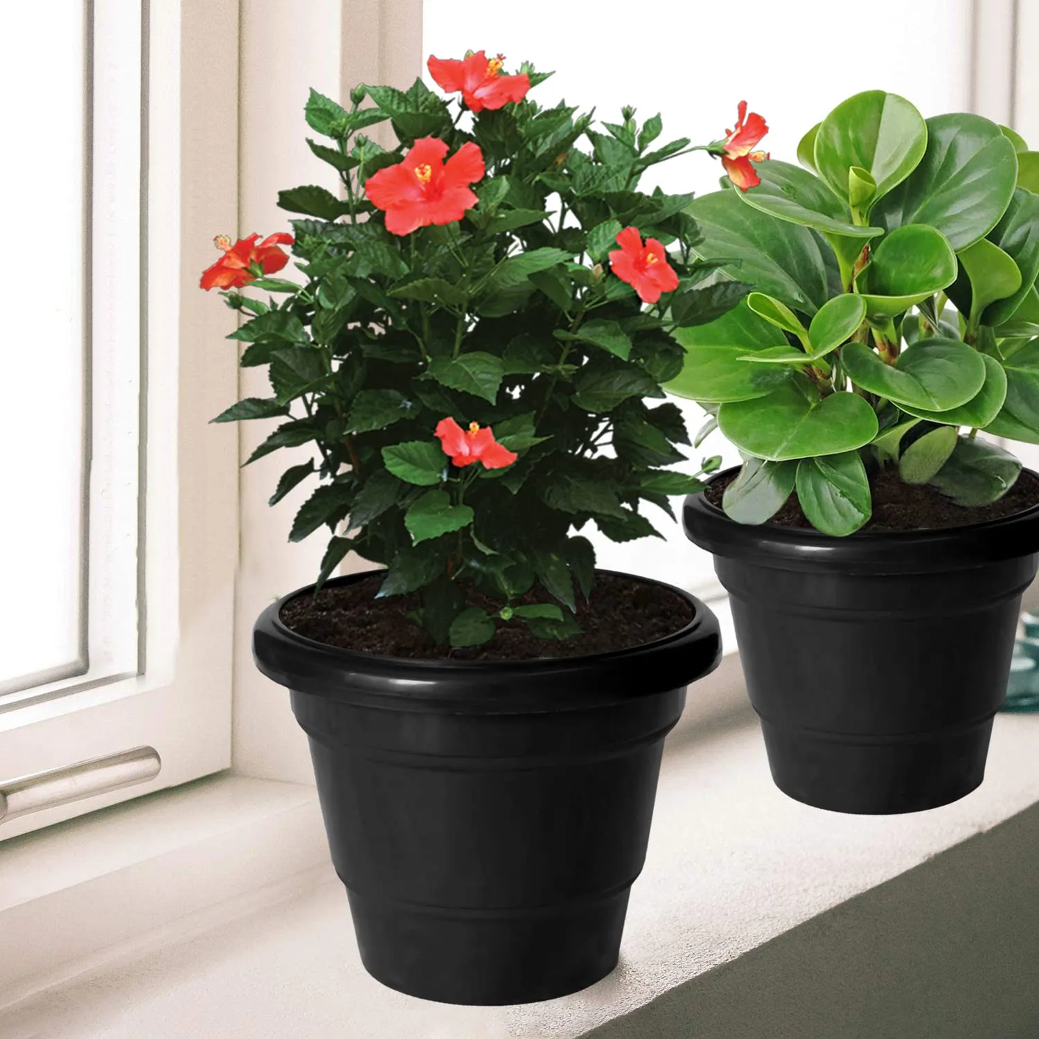 Kuber Industries Solid 2 Layered Plastic Flower Pot|Gamla for Home Decor,Nursery,Balcony,Garden,6"x5",Pack of 5 (Black)