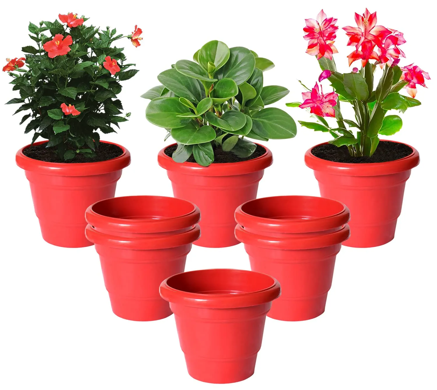 Kuber Industries Solid 2 Layered Plastic Flower Pot|Gamla for Home Decor,Nursery,Balcony,Garden,6"x5",Pack of 8 (Red)