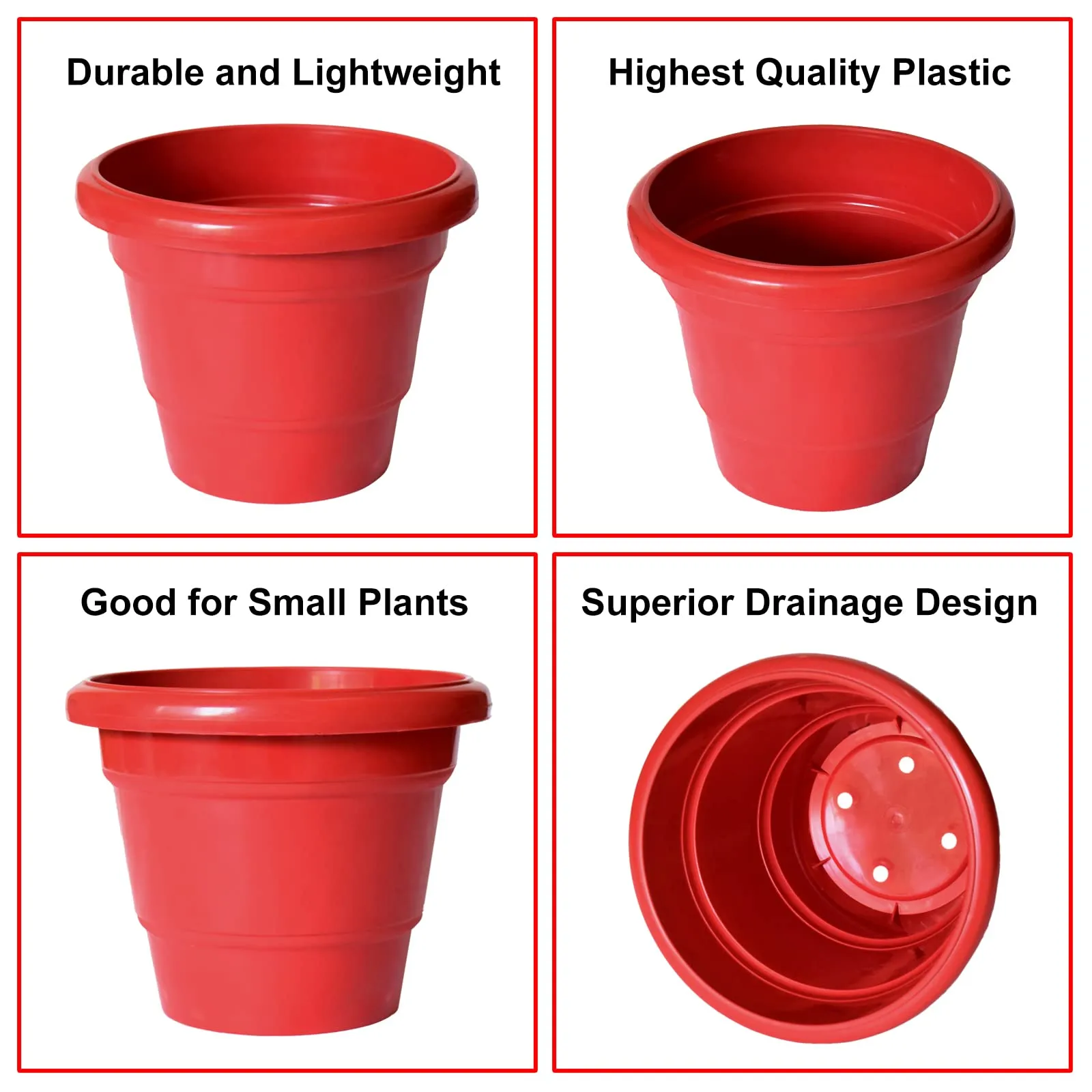 Kuber Industries Solid 2 Layered Plastic Flower Pot|Gamla for Home Decor,Nursery,Balcony,Garden,6"x5",Pack of 8 (Red)