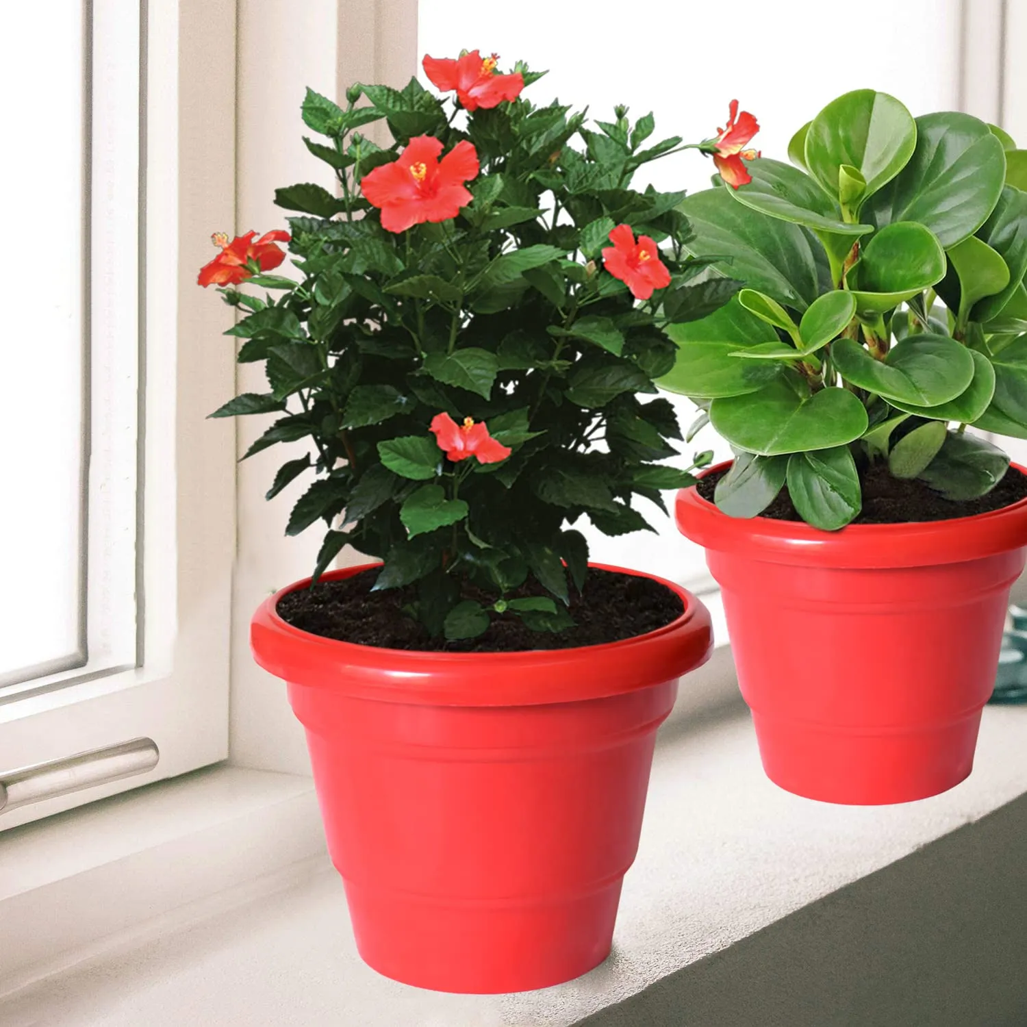 Kuber Industries Solid 2 Layered Plastic Flower Pot|Gamla for Home Decor,Nursery,Balcony,Garden,6"x5",Pack of 8 (Red)