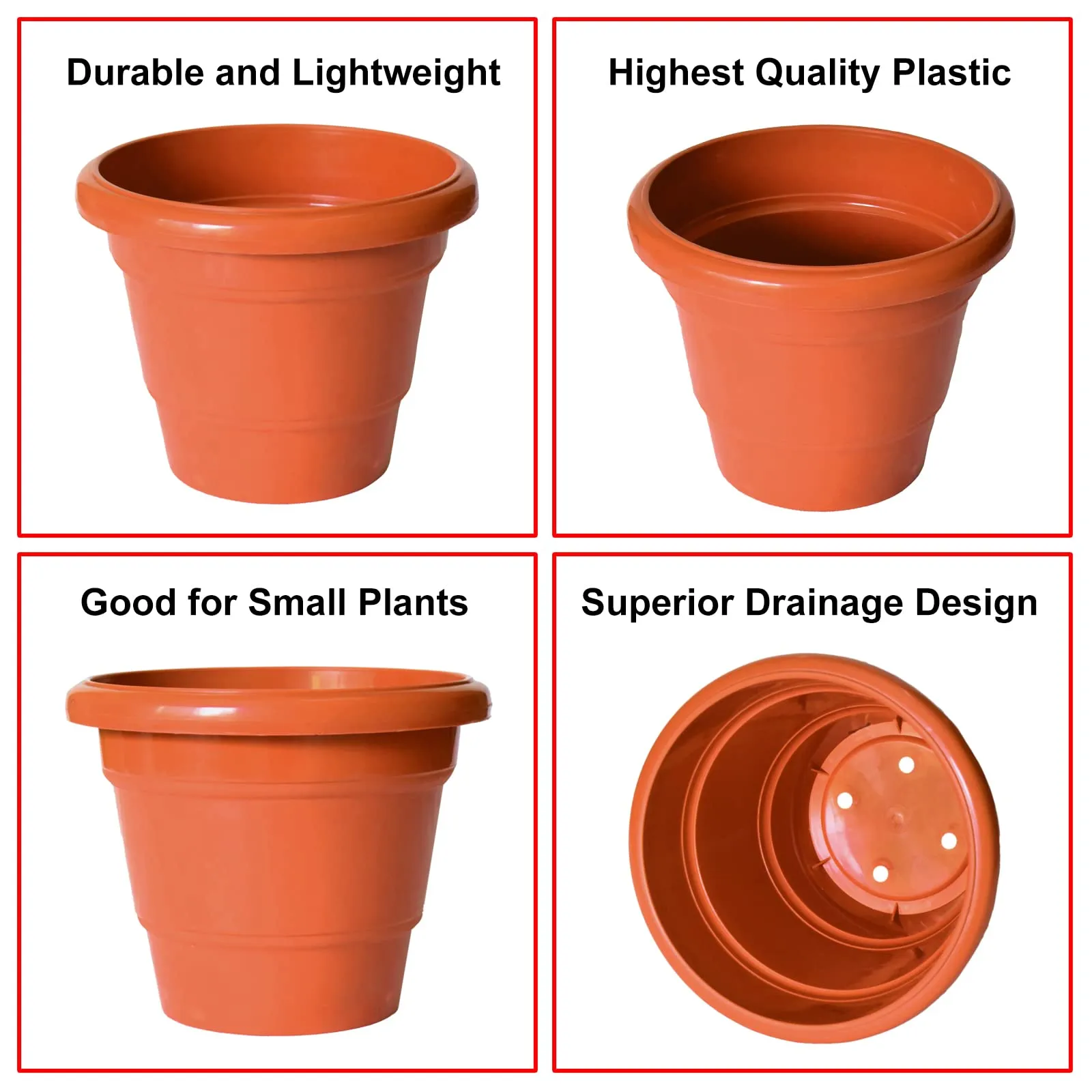 Kuber Industries Solid 2 Layered Plastic Flower Pot|Gamla for Home Decor,Nursery,Balcony,Garden,8"x 6",Pack of 10 (Orange)