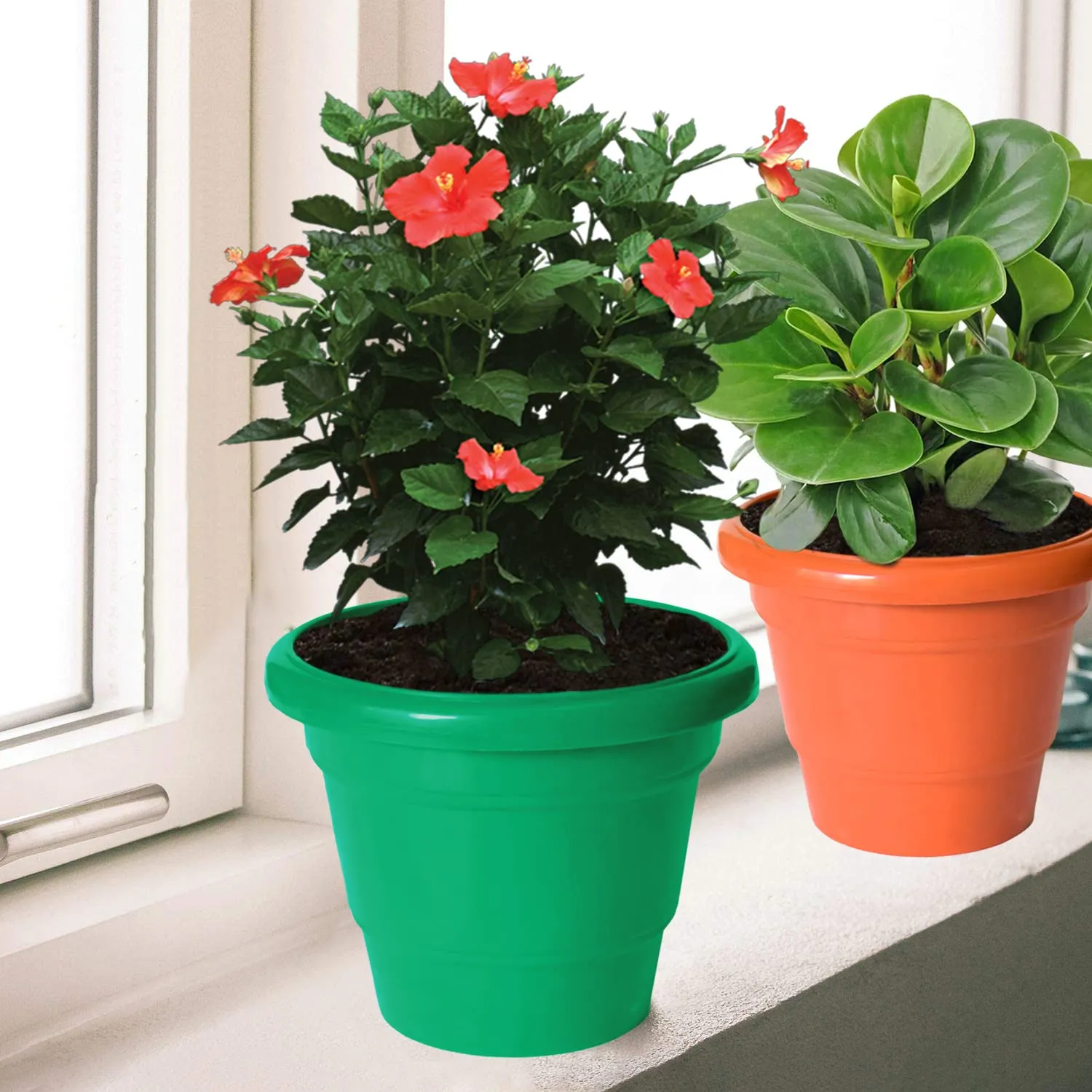 Kuber Industries Solid 2 Layered Plastic Flower Pot|Gamla for Home Decor,Nursery,Balcony,Garden,8"x 6",Pack of 3 (Blue & Orange & Green)