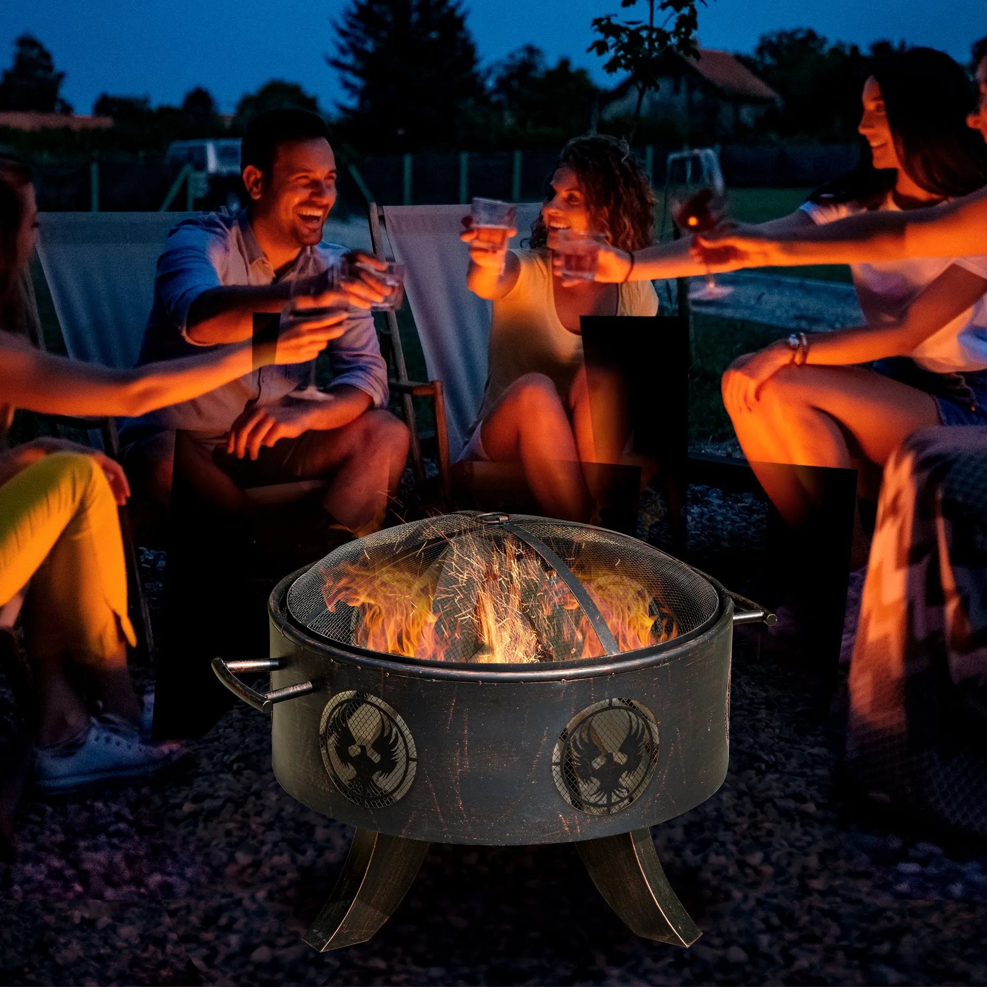 Outsunny Outdoor Fire Pit Firebowl with Screen Cover & Poker For Patio Backyard