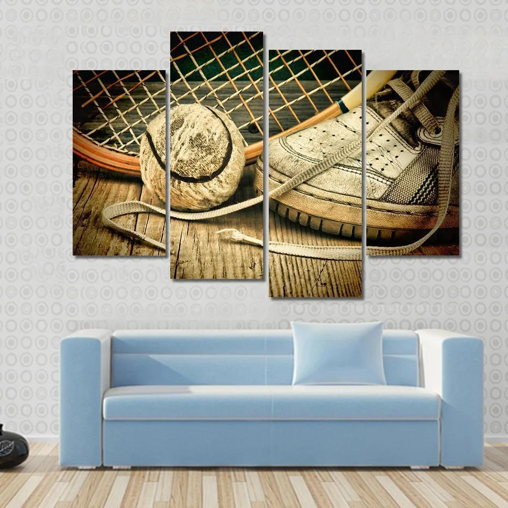 Tennis Ball & Racket With Sneakers Canvas Wall Art