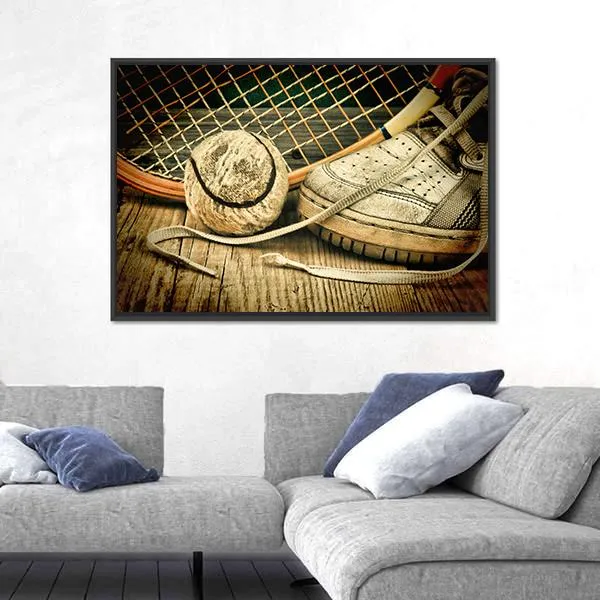 Tennis Ball & Racket With Sneakers Canvas Wall Art