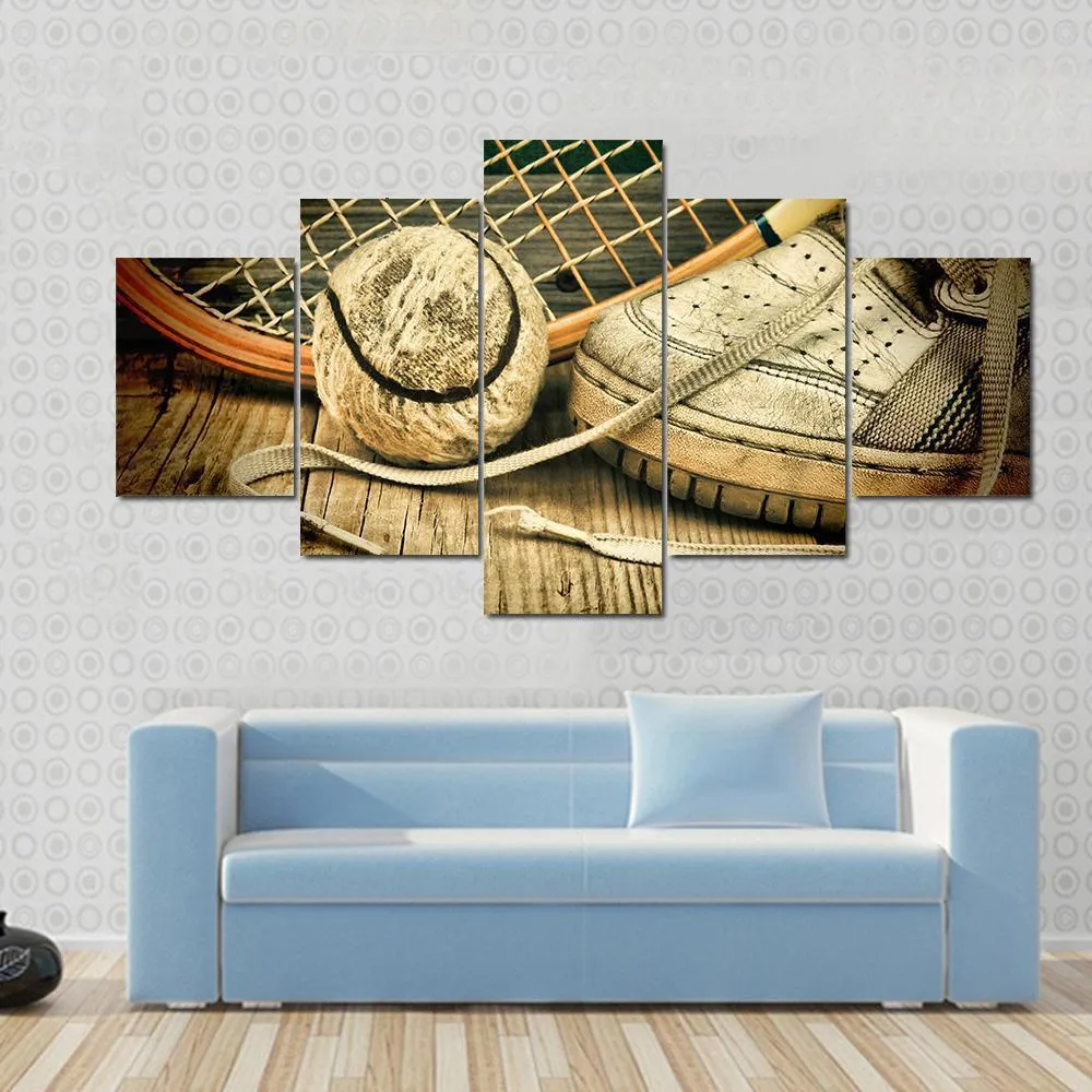 Tennis Ball & Racket With Sneakers Canvas Wall Art