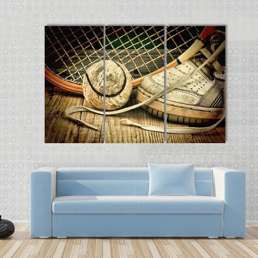 Tennis Ball & Racket With Sneakers Canvas Wall Art