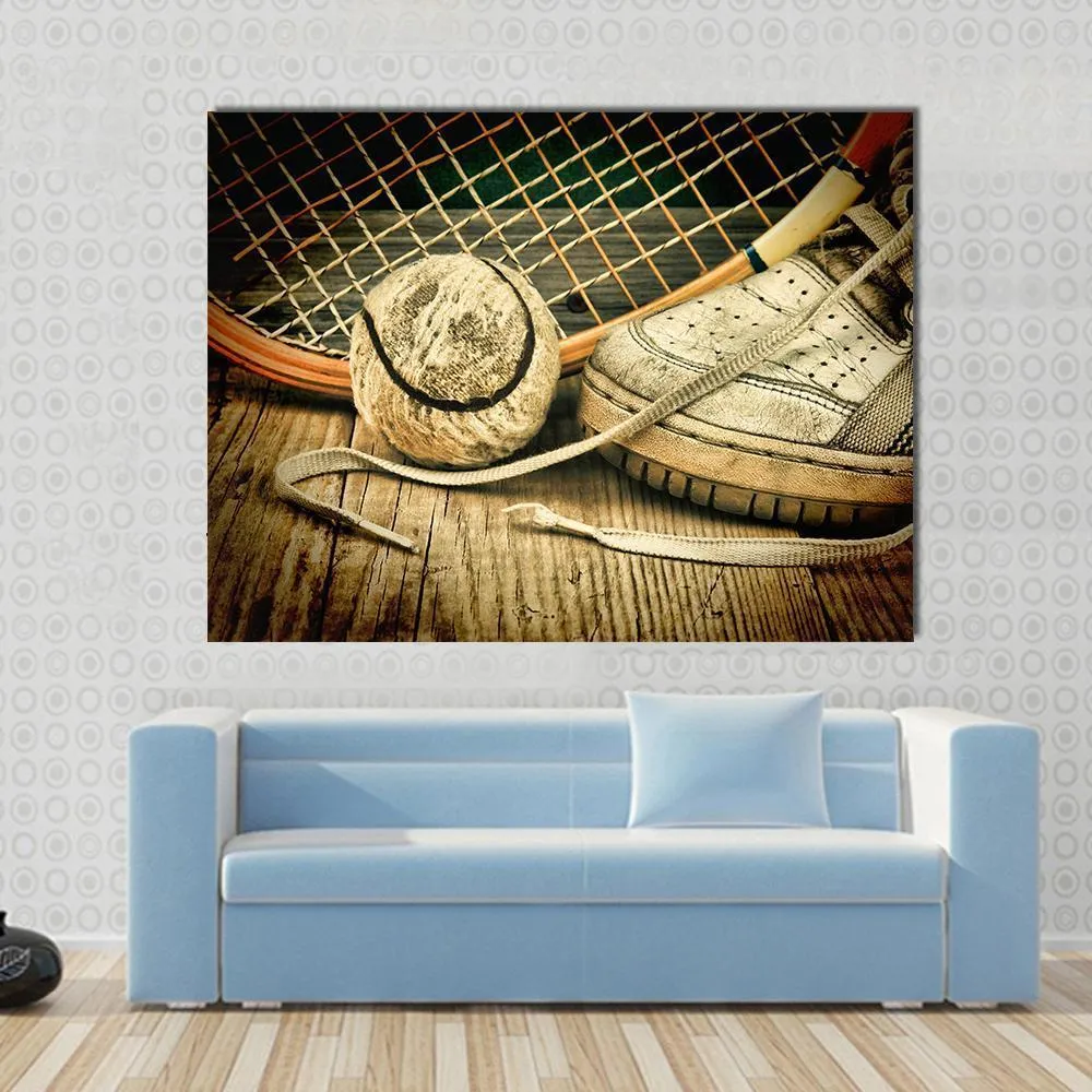 Tennis Ball & Racket With Sneakers Canvas Wall Art