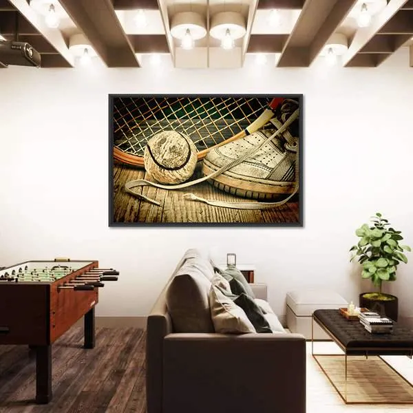 Tennis Ball & Racket With Sneakers Canvas Wall Art
