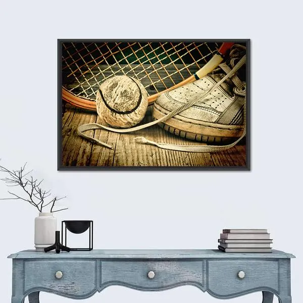 Tennis Ball & Racket With Sneakers Canvas Wall Art