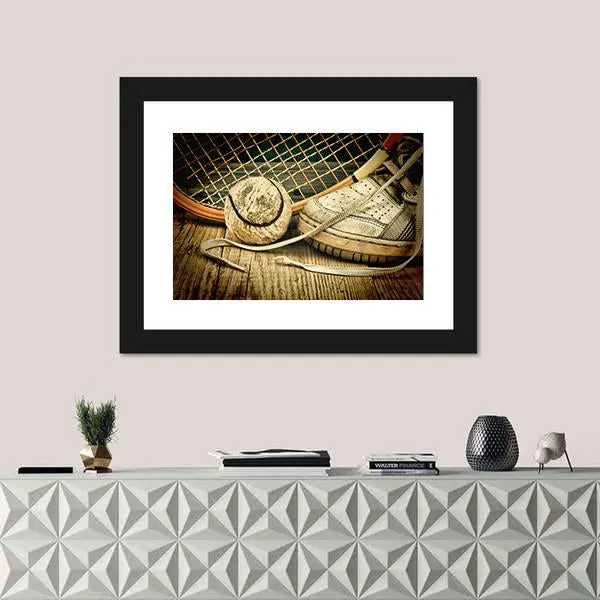 Tennis Ball & Racket With Sneakers Canvas Wall Art