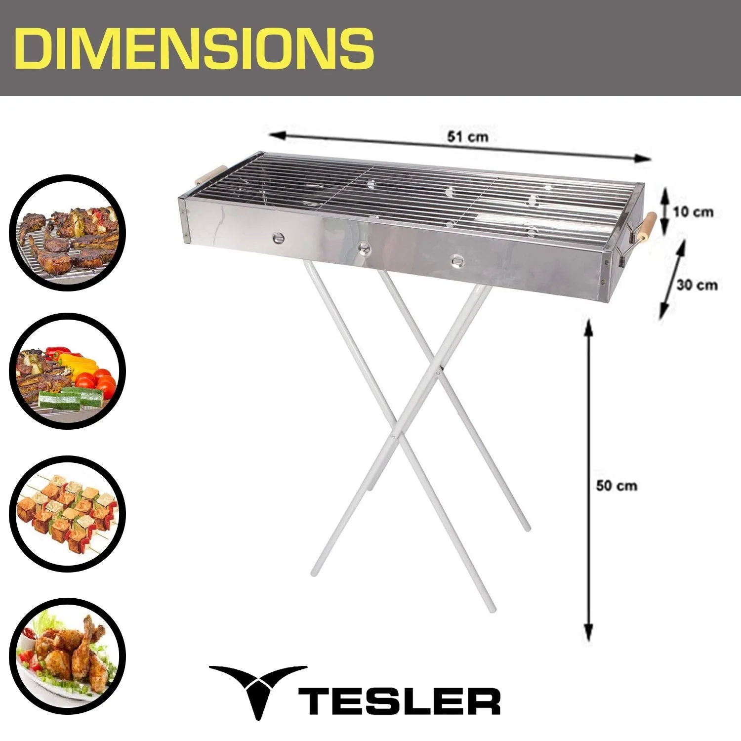 Tesler Portable Combined Charcoal Barbeque Grill, (BBQ) with Skewers