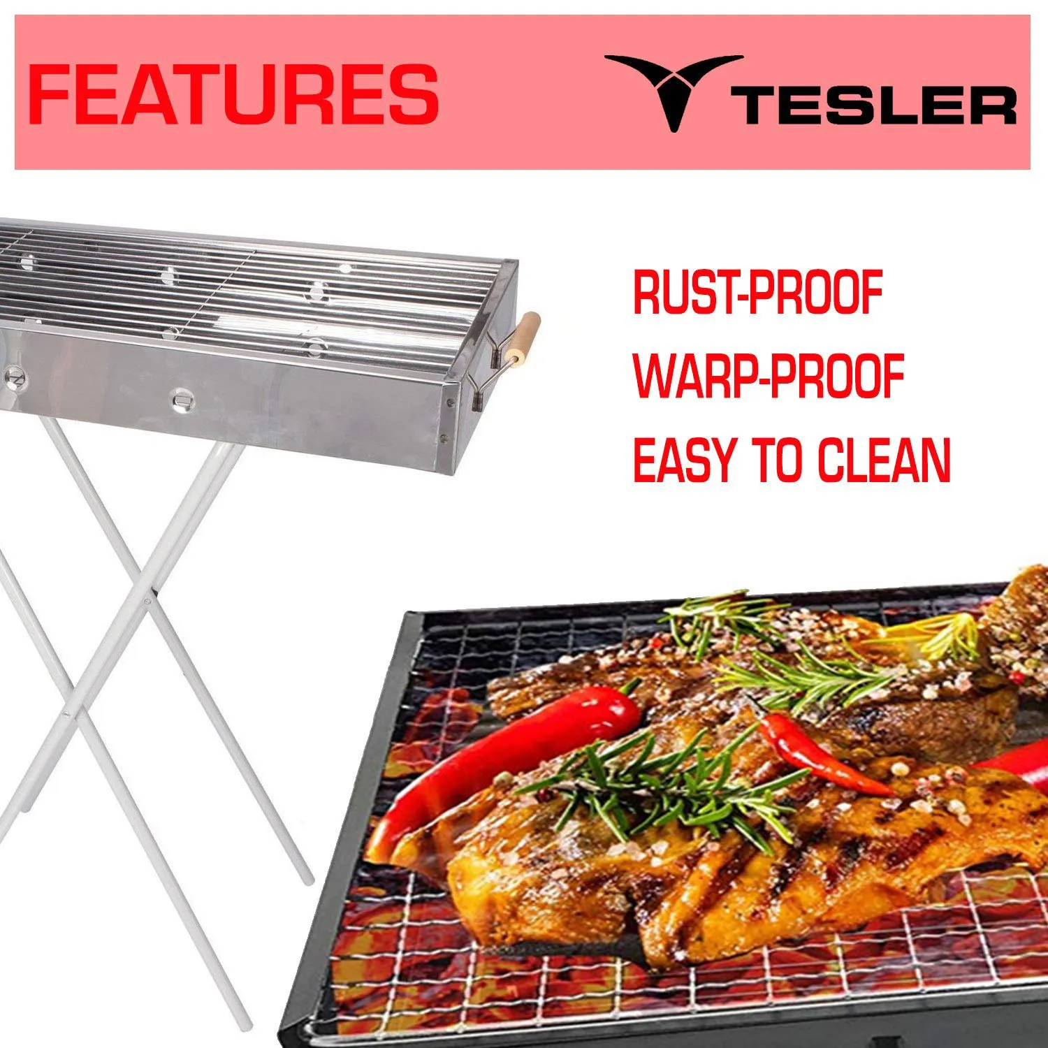 Tesler Portable Combined Charcoal Barbeque Grill, (BBQ) with Skewers